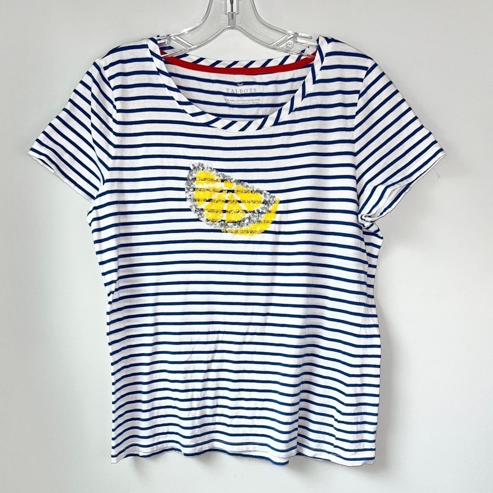 Talbots Navy Stripe Lemon Sequined T-shirt